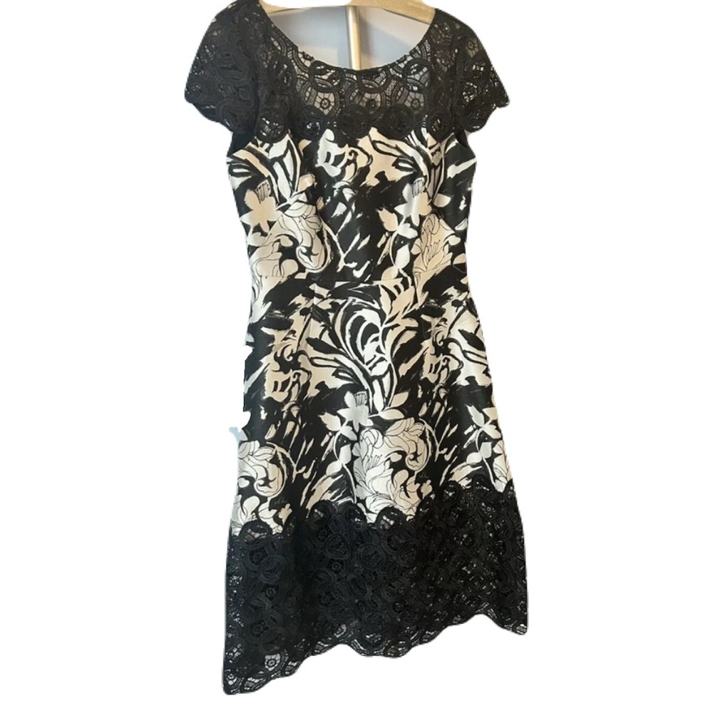 Kay Unger Black and Metallic Silver Cocktail Party Dress with Lace Trim